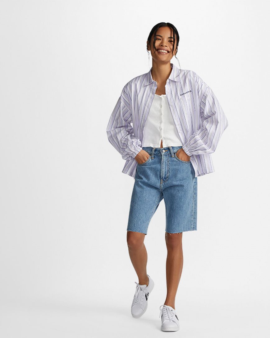 Women's Converse Striped Woven Button-Up Shirts Purple | AU 6835CW